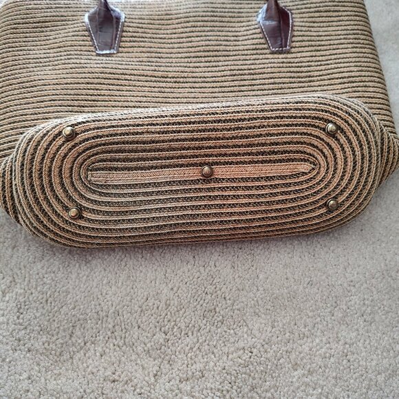 Eric Javits Raffia Beige Weaved Tote Shoulder Bag Croc Embossed Leather Trim - Picture 5 of 9